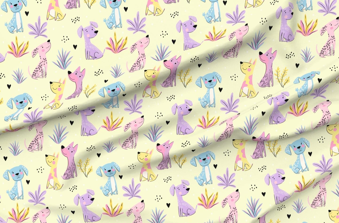 Spoonflower Fabric - Bright Animals Cartoon Whimsical Purple Pink Blue Yellow Pastel Pets Printed on Petal Cotton Fabric Fat Quarter - Sewing Quilting Apparel Crafts Decor