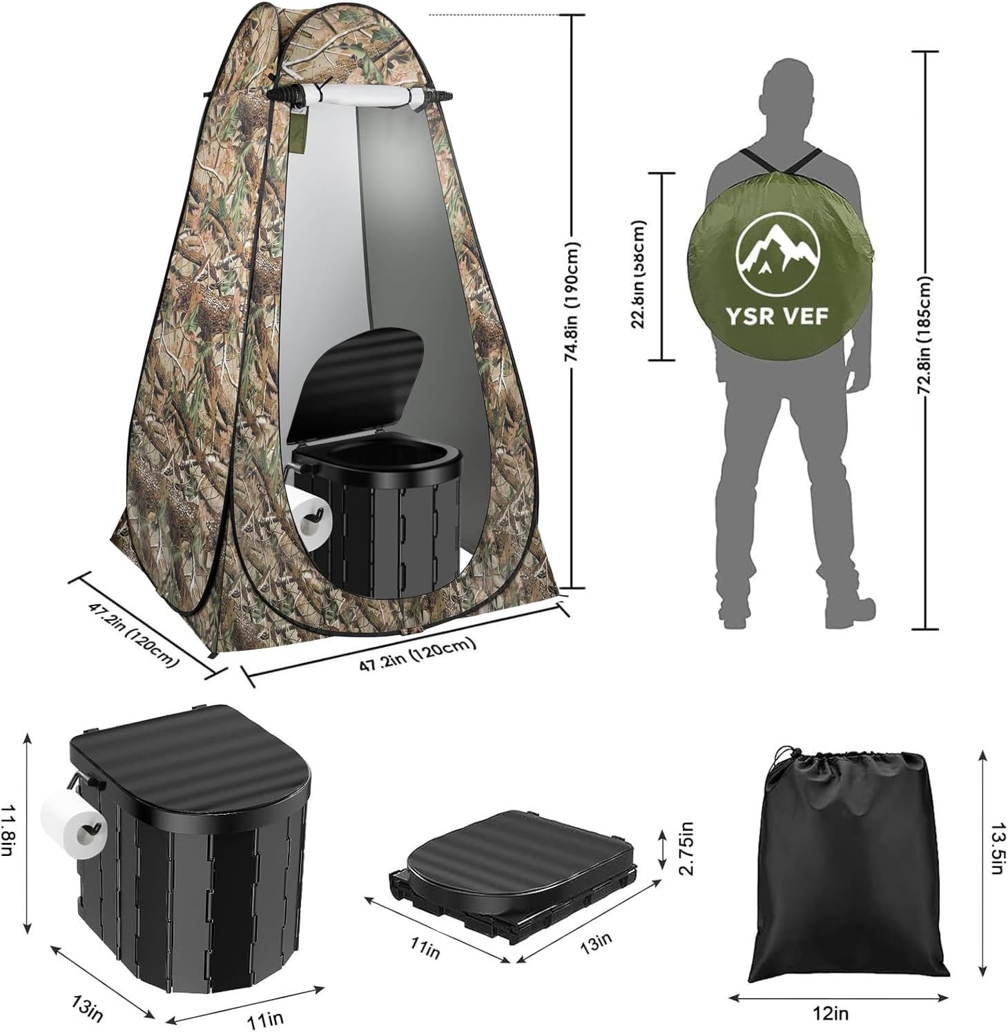 portable toilet kit, camping toilet with pop-up privacy tent and poo gel toilet bags, washable portable outdoor showers changing rooms black toilet and camouflage tent with light