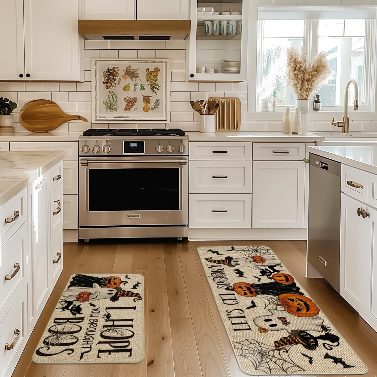 Artoid Mode I Hope You Brought Boos Spider Web Pumpkin Halloween Kitchen Mats Set of 2, Black Cat Home Decor Low-Profile Kitchen Rugs for Floor - 17x29 and 17x47 Inch