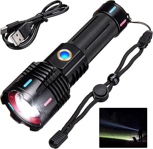 THORFIRE Linterna LED recargable, 100000 lúmenes altos, alcance de 4921 pies, 5 modos, impermeable, zoomable, linterna táctica súper brillante, para