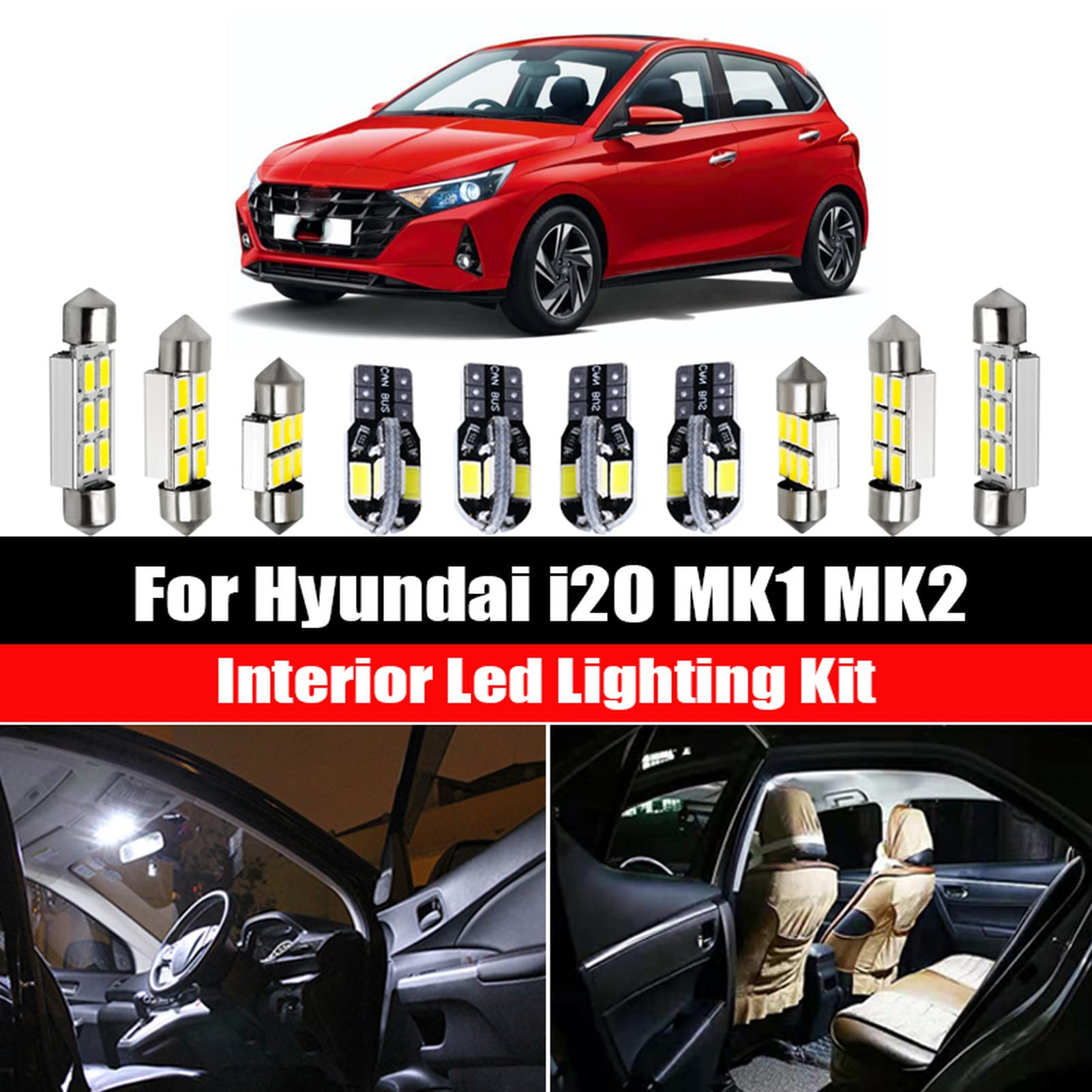 Canbus Voiture LED intérieur dôme Carte liseuse Kit véhicule Ampoules Plaque d'immatriculation Lampe, pour Hyundai i20 MK1 MK2 PB GB IB 2008-2019