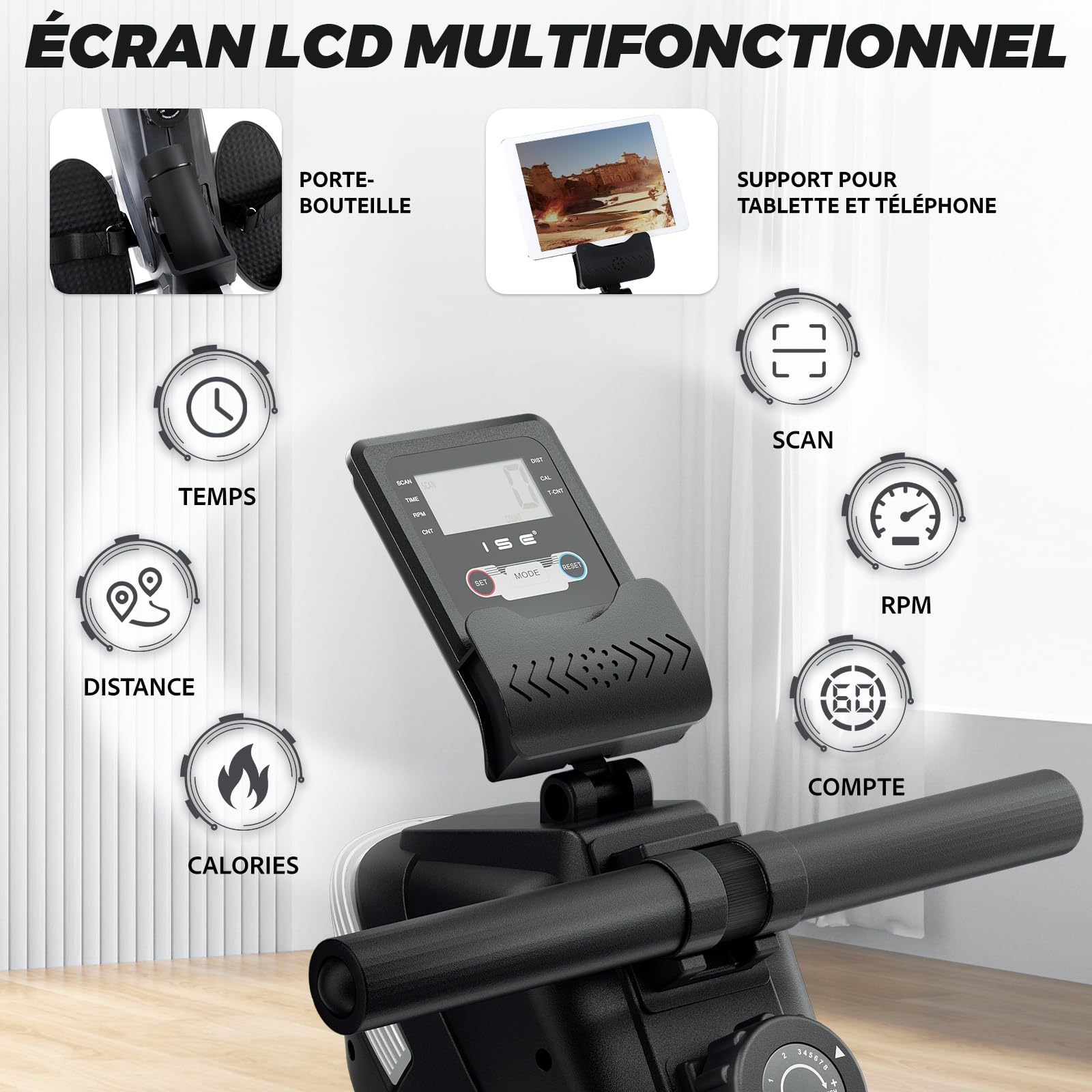 ISE Rameur Musculation, Rameurs Pliable Appartement, Rameur Magnétique 8 Niveaux Résistance, Rowing Machine Silencieux Stable, Rails Solide&Lisse, Rameurs Ecran LCD, Siège Ergonomique, Cardio-Training