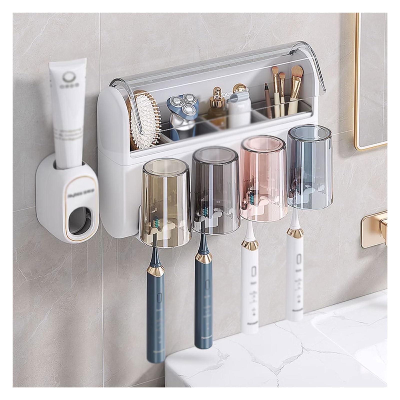 Estante para Cepillos de Dientes Portaspazzolino a Parete Portaoggetti for Cosmetici da Bagno con Coperchio Porta dentifricio Senza Perforazione(S24cm)