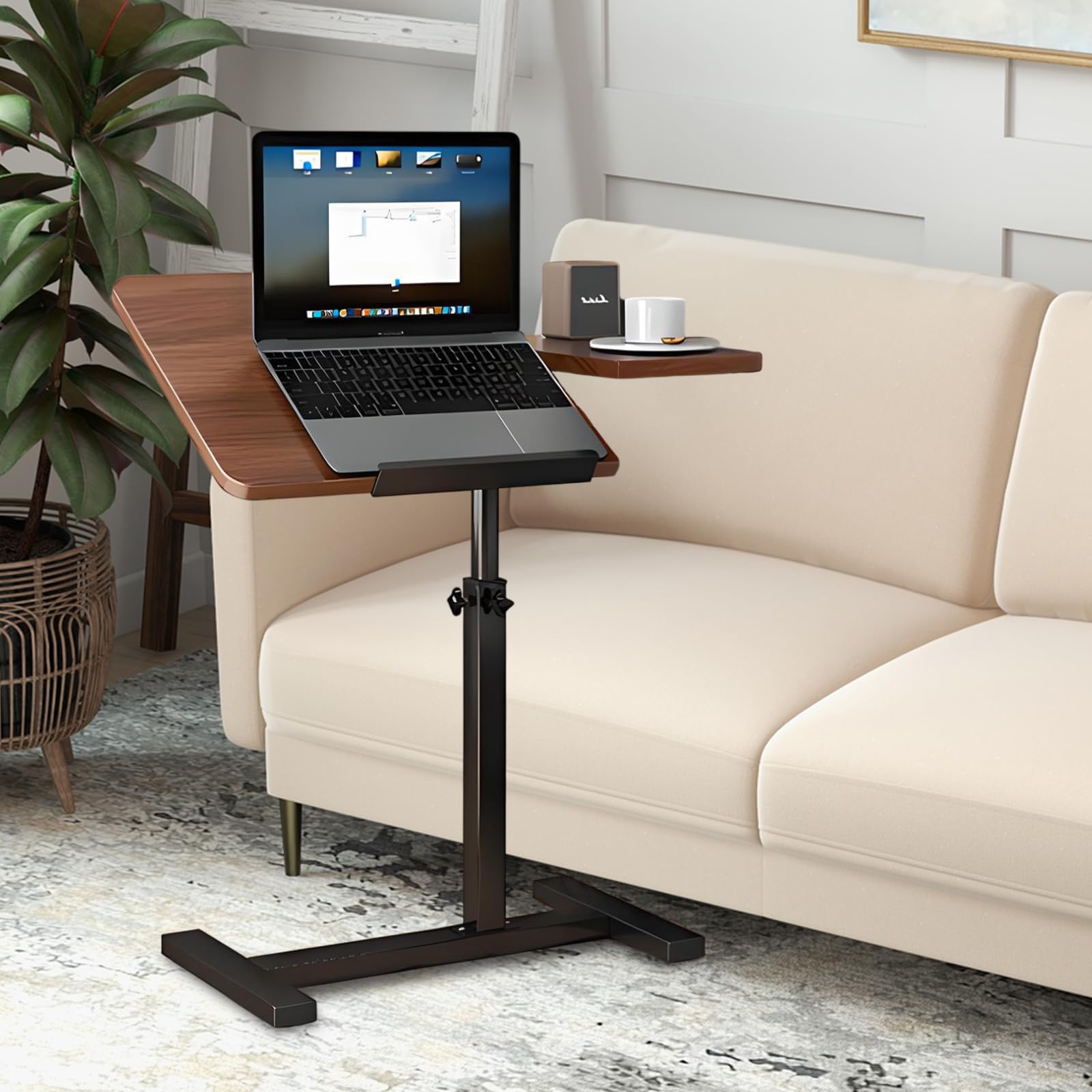 Height Adjustable Overbed Bedside Table with Wheels?Split Top Tilt Bedside Table, Mobile Laptop Computer Standing Desk Cart with Tray?Hospital/Home Use (Walnut)