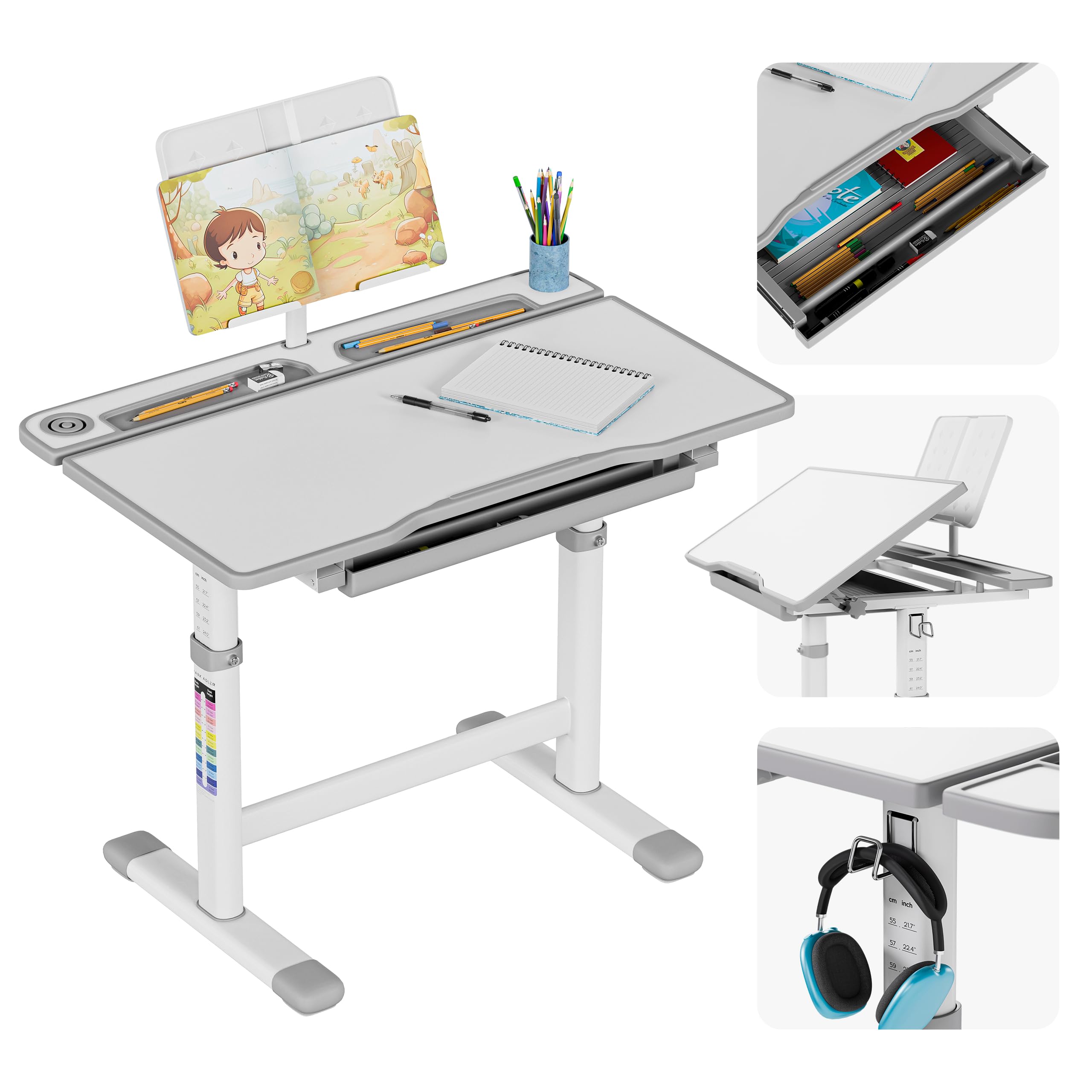 MARK ADLER Study 3.0 Bureau Ergonomique pour Enfants | Hauteur Réglable | Plateau inclinable | Tiroir de Rangement | Conception Robuste | Parfait pour étudier et Dessiner | Mobilier éducatif | Gris
