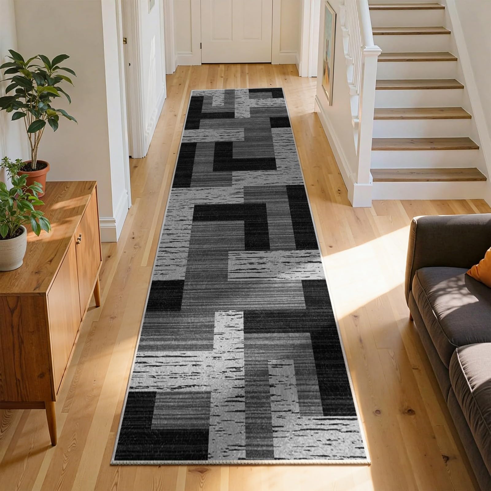 WAOTMN Black Grey Hallway Runner Rug,60x120cm, Geometric Patchwork Indoor Heavy Duty Entrance Mat,With Tpr Rubber Backing Non-Slip Large Runner Flannel Washable for Hallway Kitchen