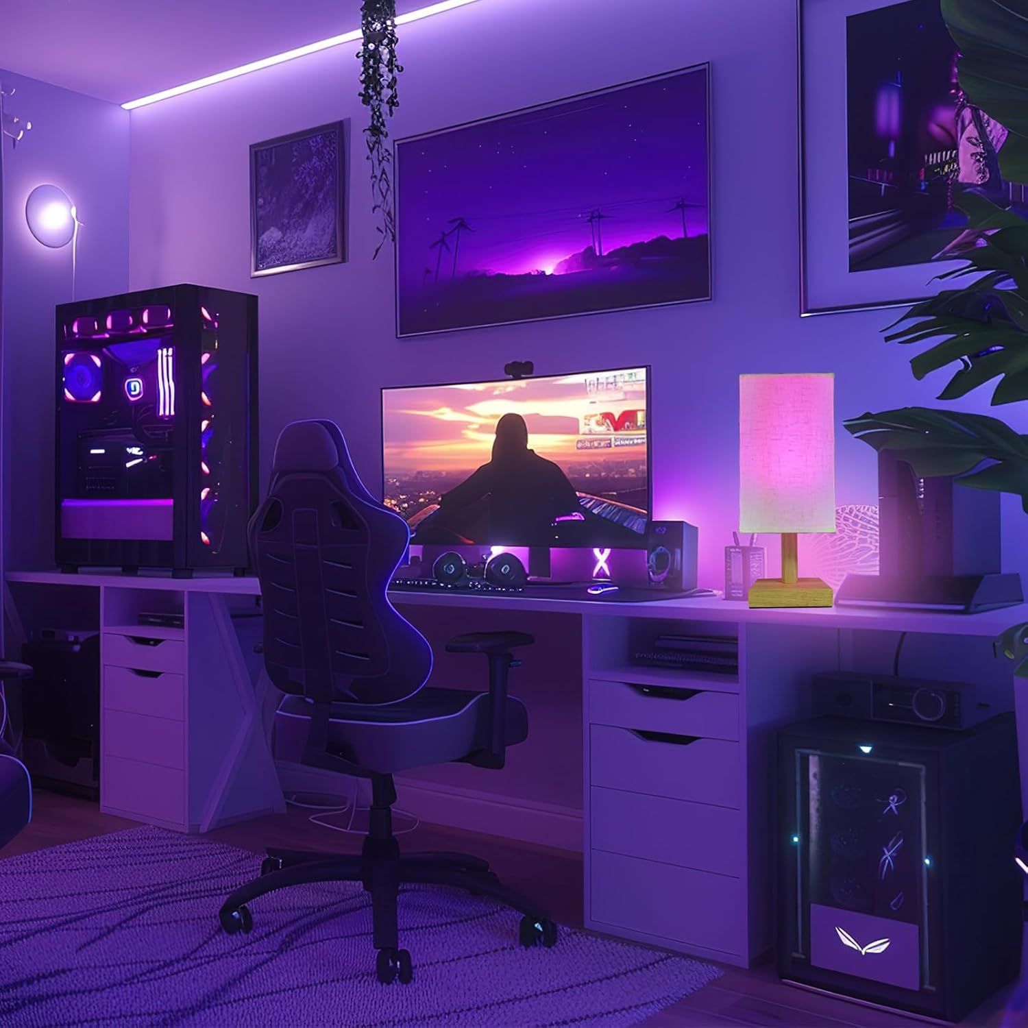 Wireless Bedside Table Lamp with 2 Pcs E26 RGB Rechargeable Battery Bulb, Remote Control, Dimmable, Timer, Cylindrical Fabric Light for Living Room, Bedrooms, Reading, Night Lighting