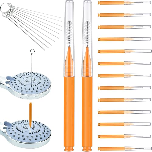Ceycudy Limpiador de cabezal de ducha, 10 púas de acero inoxidable y 15 cepillos de cerdas de nailon naranja, herramienta de eliminación de