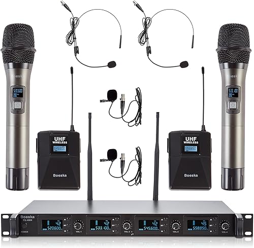 Sistema de micrófono inalámbrico de solapa, 4 micrófonos Lavalier con UHF 4 canales 4 bodypack 4 auriculares micrófonos para karaoke, iglesia,