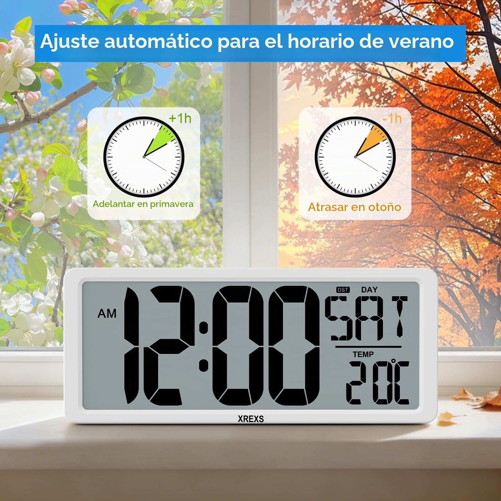 XREXS Reloj de Pared Digital 13,46" LCD Multilingüe con Calendario, Despertador, Alarma y Temporizador - A Pilas, Temperatura, para Hogar, Oficina, Cocina y Clases - Batería Incluida