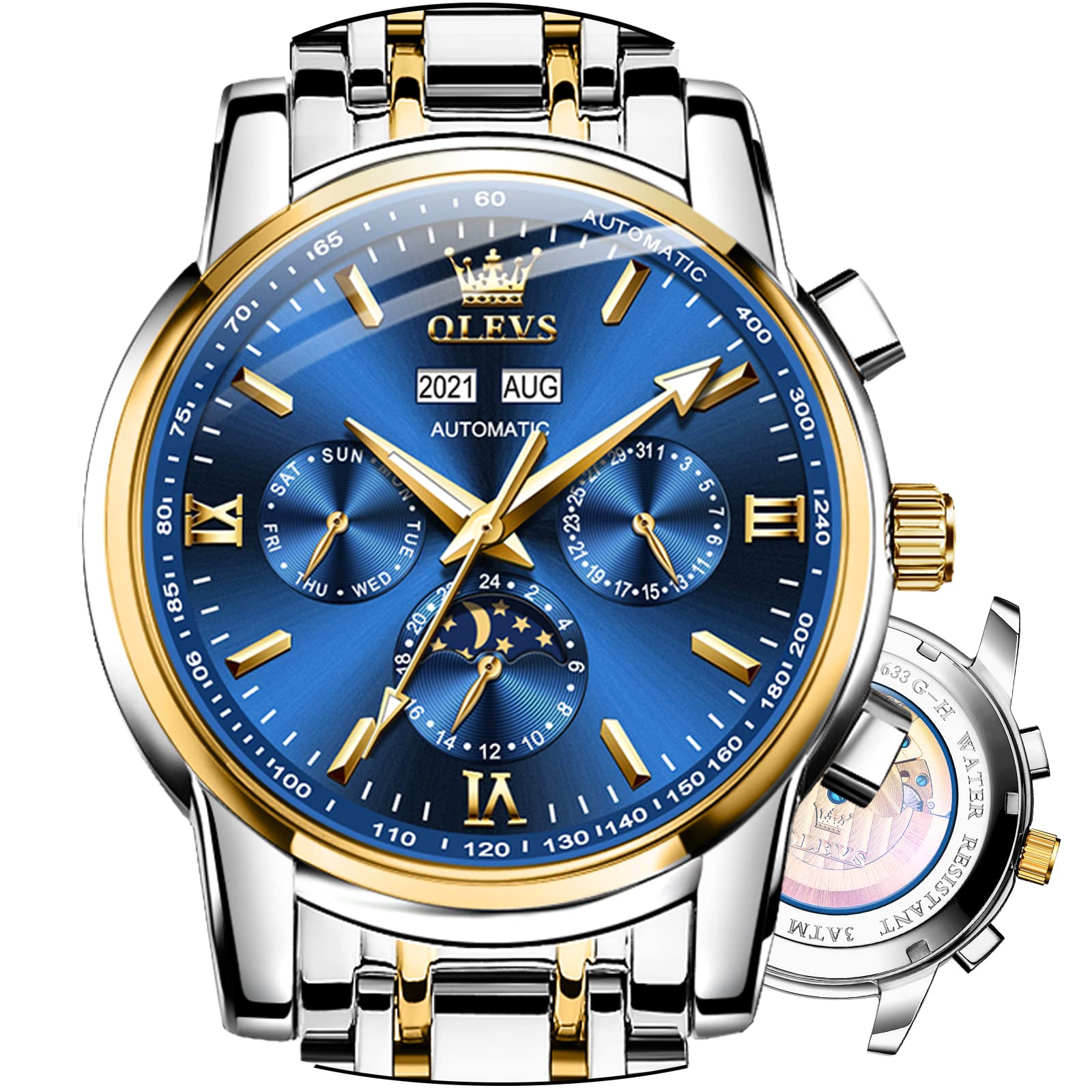 Mechanical Self Winding Watches for Men,Blue Dial Gold Automatic Watch Mens with Day Date,Fashion Silver Gold Stainless Steel Waterproof Swiss Men Watch Two Tone Luminous Wrist Watch Tourb