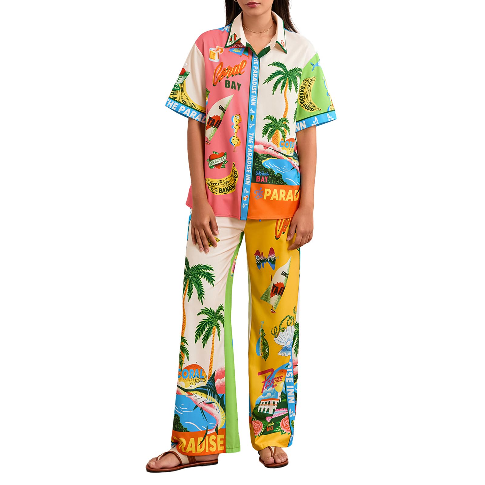 Yuemengxuan Women Vintage Graffiti Casual Set 2 Piece Lounge Set Short Sleeve Button Down Loose Shirt Wide Leg Pants Set