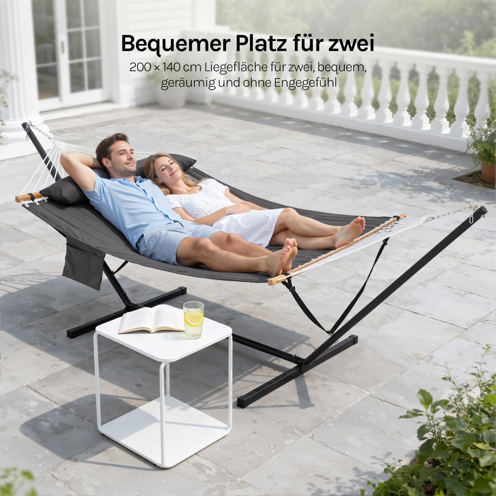 WOLTU Hängematte mit Gestell, Doppelhängematte mit Seitentasche Kissen, Tragbar Hängematte Outdoor für den Garten Terrasse Balkon Camping & Pool belastbar bis 250 kg, für 2 Personen
