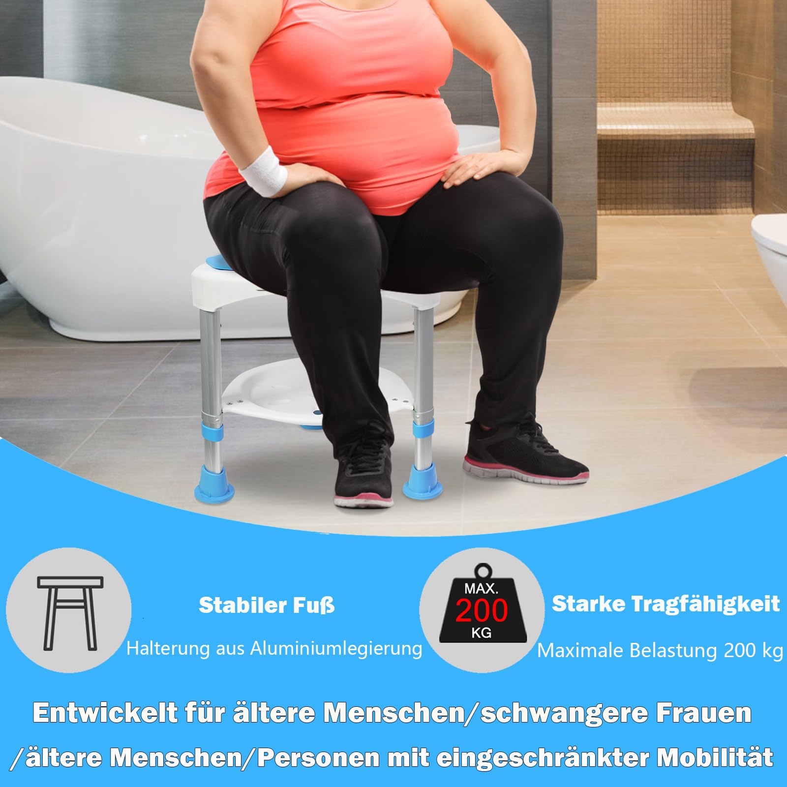 Aufun Silla de ducha giratoria 360°, taburete de baño y altura regulable de 45 a 57 cm, de aluminio y plástico, asiento de ducha con almohadilla antideslizante para los pies, para ancianos, niños y