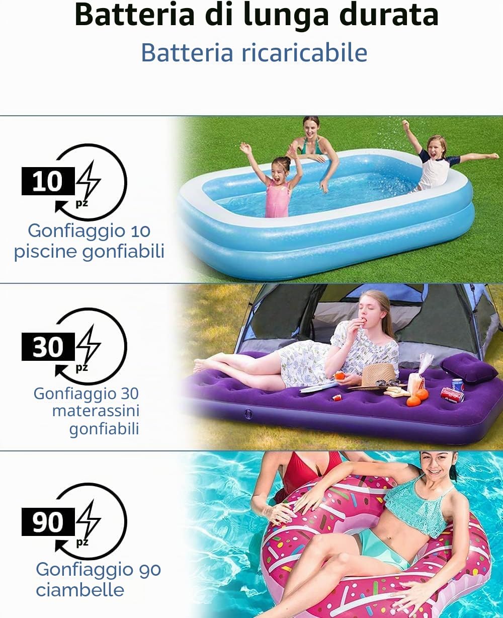 Pompa Elettrica per Materasso Gonfiabile, Pompa Elettrica Ricaricabile, Gonfiatore Elettrico per Gommoni, Piscina Gonfiabile, Giocattoli, Palloni per Yoga, Pompa Elettrica Portatile con 4 Ugello