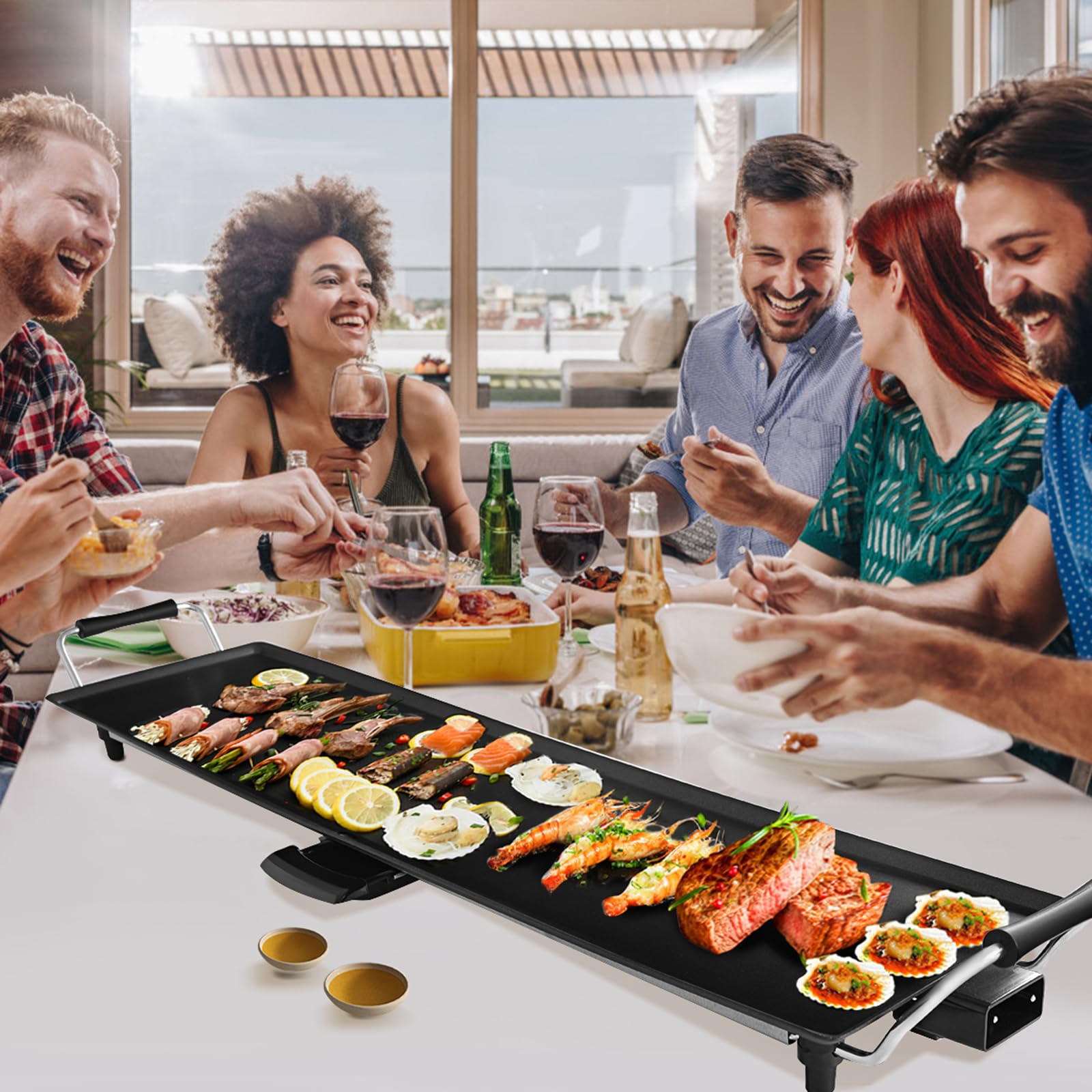 COSTWAY 1800W Piastra Elettrica, Barbecue Elettrico con Temperatura Regolabile, Termostati e Vassoio di Sgocciolamento, Griglia Antiaderente (90 x 23 cm)