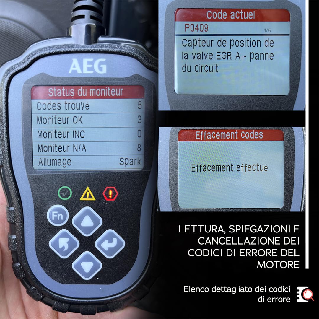 AEG 005073 Strumento Diagnostico OBD2 Evol 2, 3 Funzioni: Lettura, Dettaglio, Cancellazione dei codici di guasto, Analisi dati del veicolo, Test della batteria e circuito di ricarica