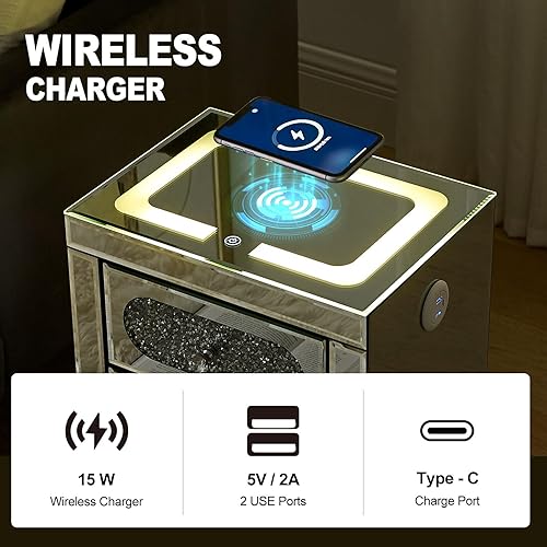 Miniatura 3 de COSVALVE Mesita de noche plateada, mesa auxiliar con espejo con carga inalámbricaUSBtipo C, moderna mesa auxiliar LED con cajones de cristal,