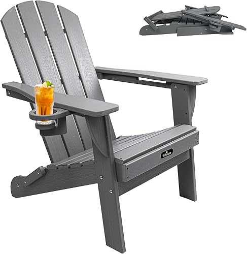 Silla Adirondack plegable, silla de patio plegable para todo tipo de clima con portavasos, silla para hoguera de polietileno de alta densidad al