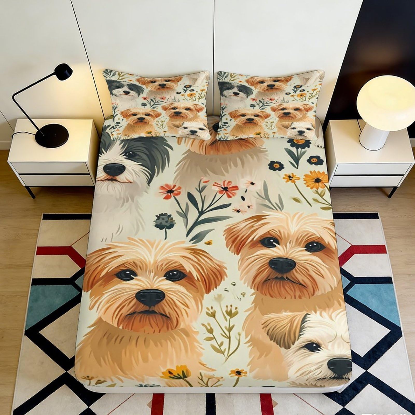 3D Printed Yorkshire Terrier Dog Fitted Sheet Microfiber Floral Cartoon Mattress Cover Non-Slip Machine Washable Decor for Bedroom Guest Room 90x200x25cm