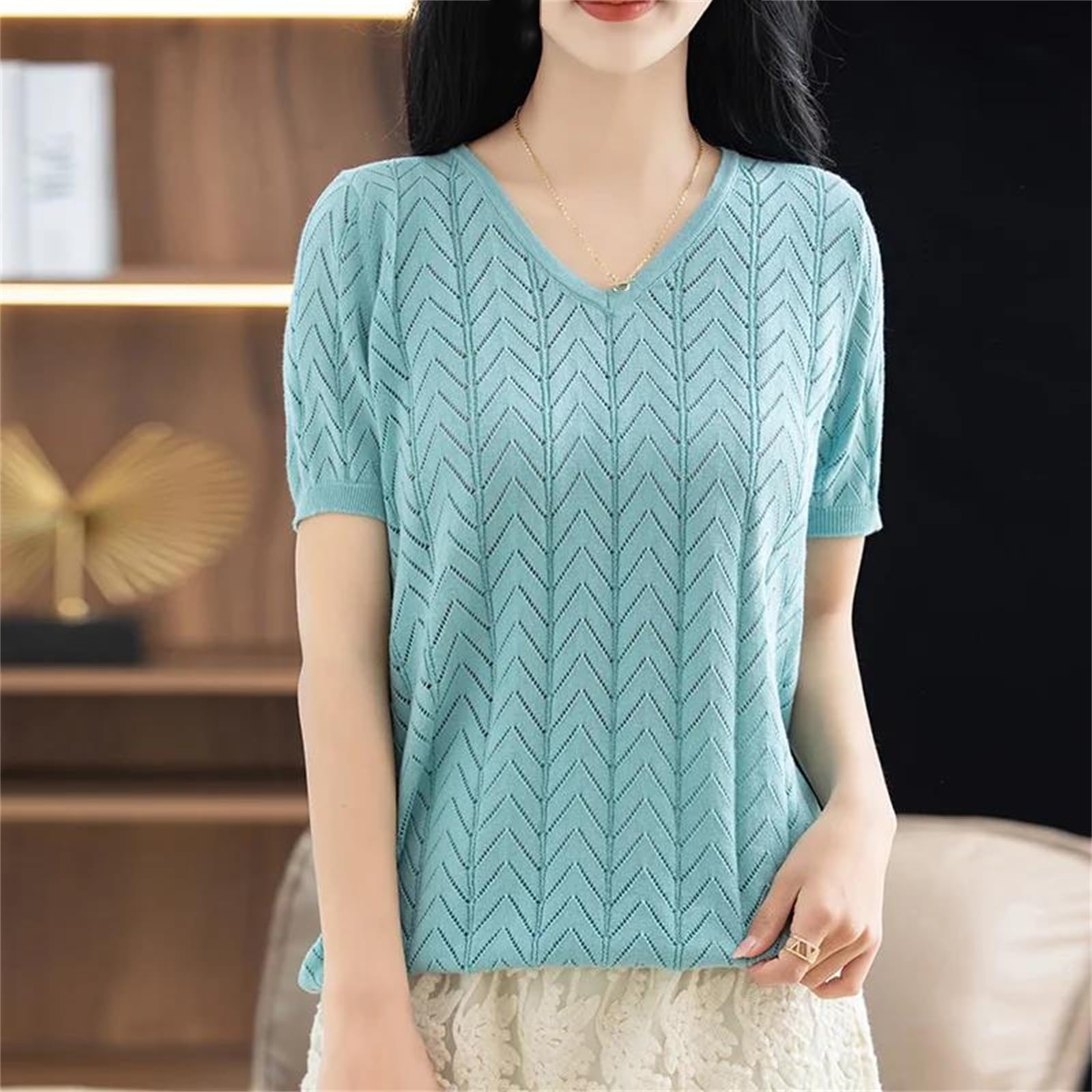 T-shirt uni à col en V et manches courtes pour femme - En coton - Coupe ample - Tendance - Pour l'été