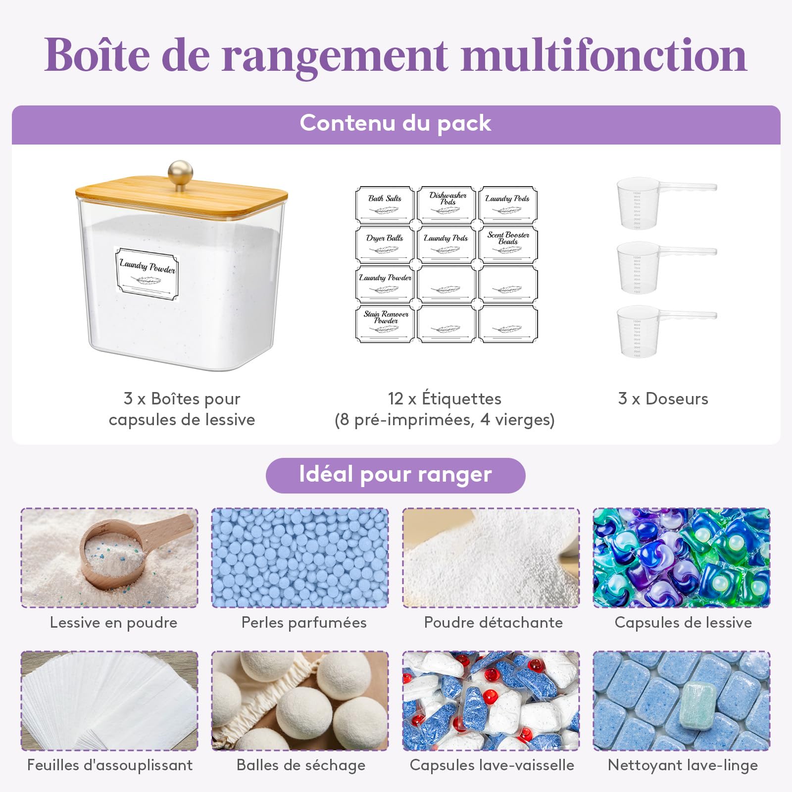 Lifewit 2700 ml Rangement Lessive en Capsules avec étiquettes et Cuillères, Récipient pour Poudre à Lessive avec Couvercle en Bambou, Boite Lessives, Rangement Buanderie Organisation, Naturel,Lot de 3