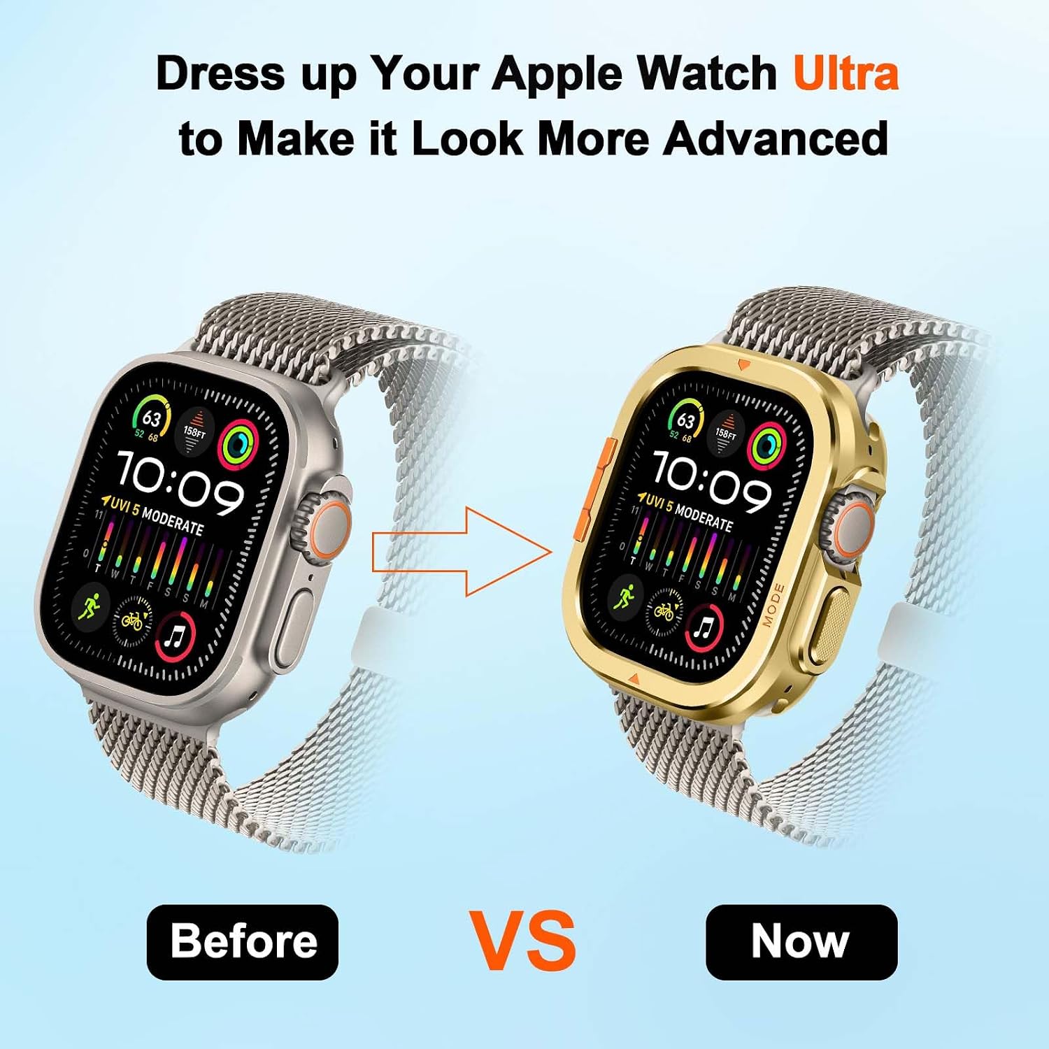 2 in-1 Metal Cover Compatible with Apple Watch Ultra 3/2/1 Case 49mm, Rugged Bumper with Back Protector for iWatch Ultra 49mm, Gold