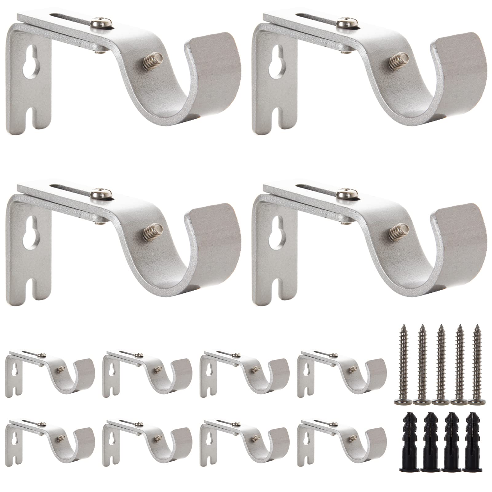 LISHINE 12 Pcs Curtain Rod Bracket for 1 inch Rod, Adjustable Curtain Rod Brackets Outside Curtain Rod Holders Heavy Duty Curtain Rod Hardware Brackets Single Rod Bracket for Wall, Silver