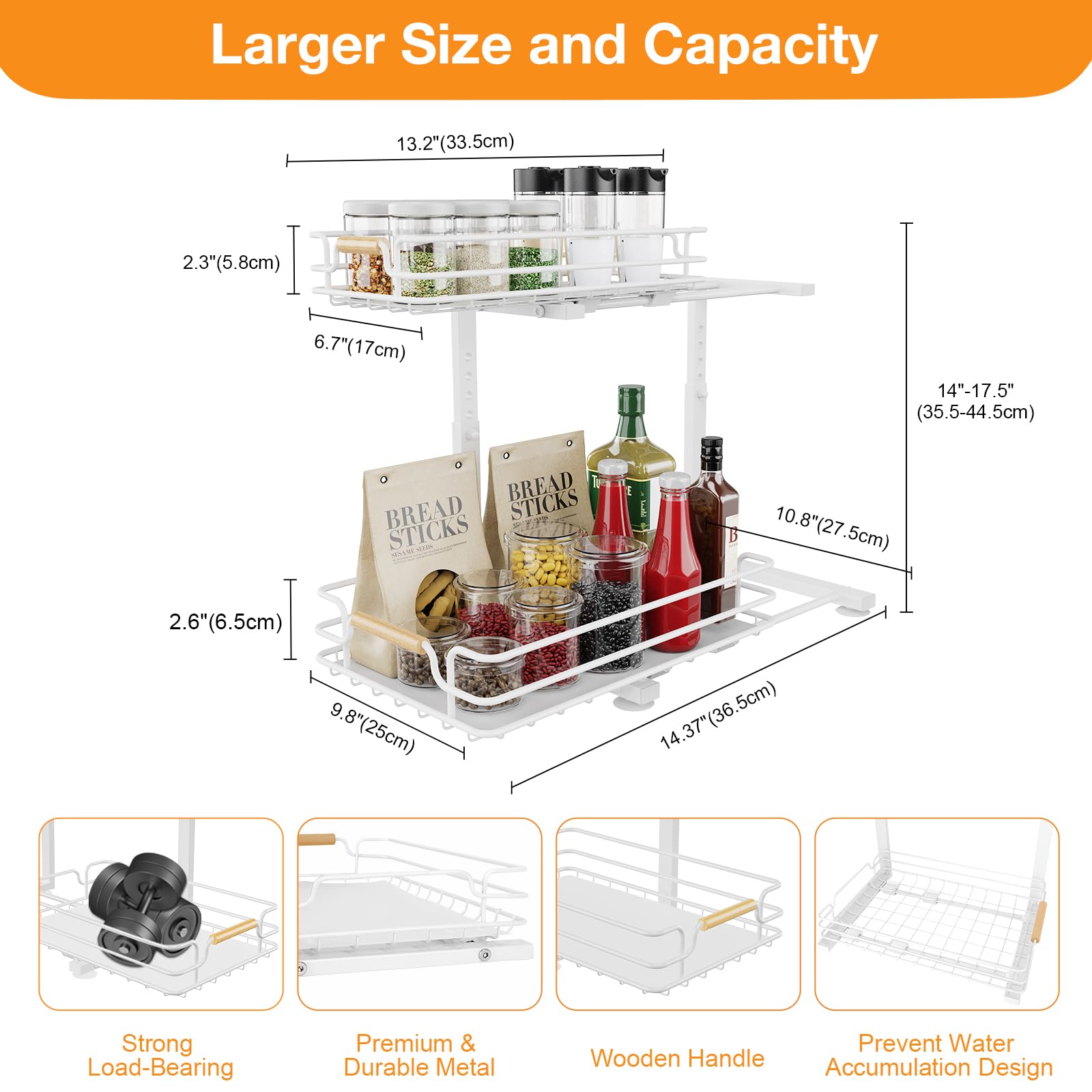 JYPS 2 Paquete Organizador Bajo Fregadero, 2 Niveles Metal Extraible Mueble Fregadero Armario Limpieza, Altura Regulable Estantería bajo Baño,Cocina(Blanco)