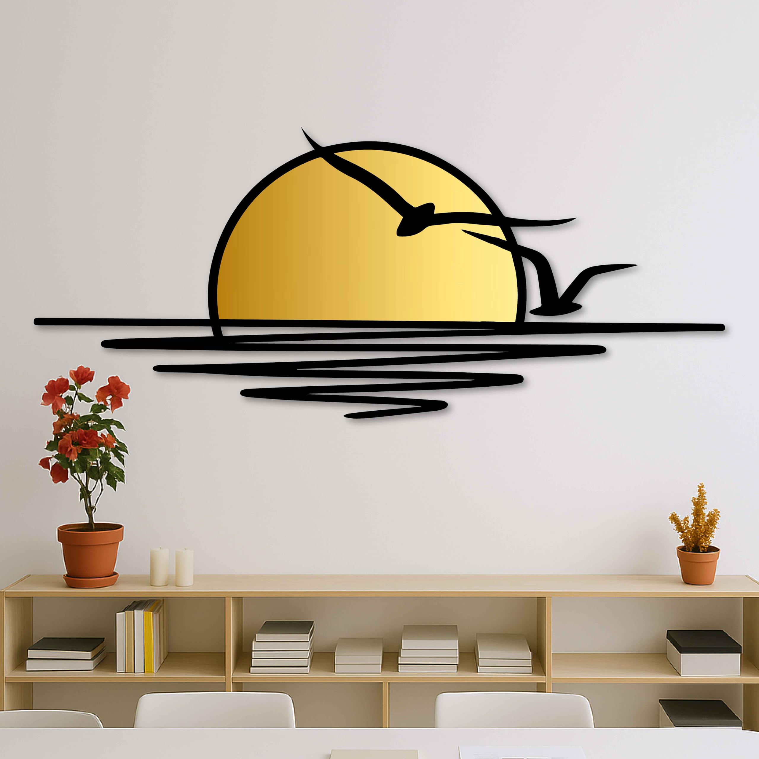 Decoración de pared de metal dorada con pájaros volando, decoración de pared extra grande con puesta de sol y gaviotas para patio, sala de estar o dormitorio, escultura de pared moderna de metal negro