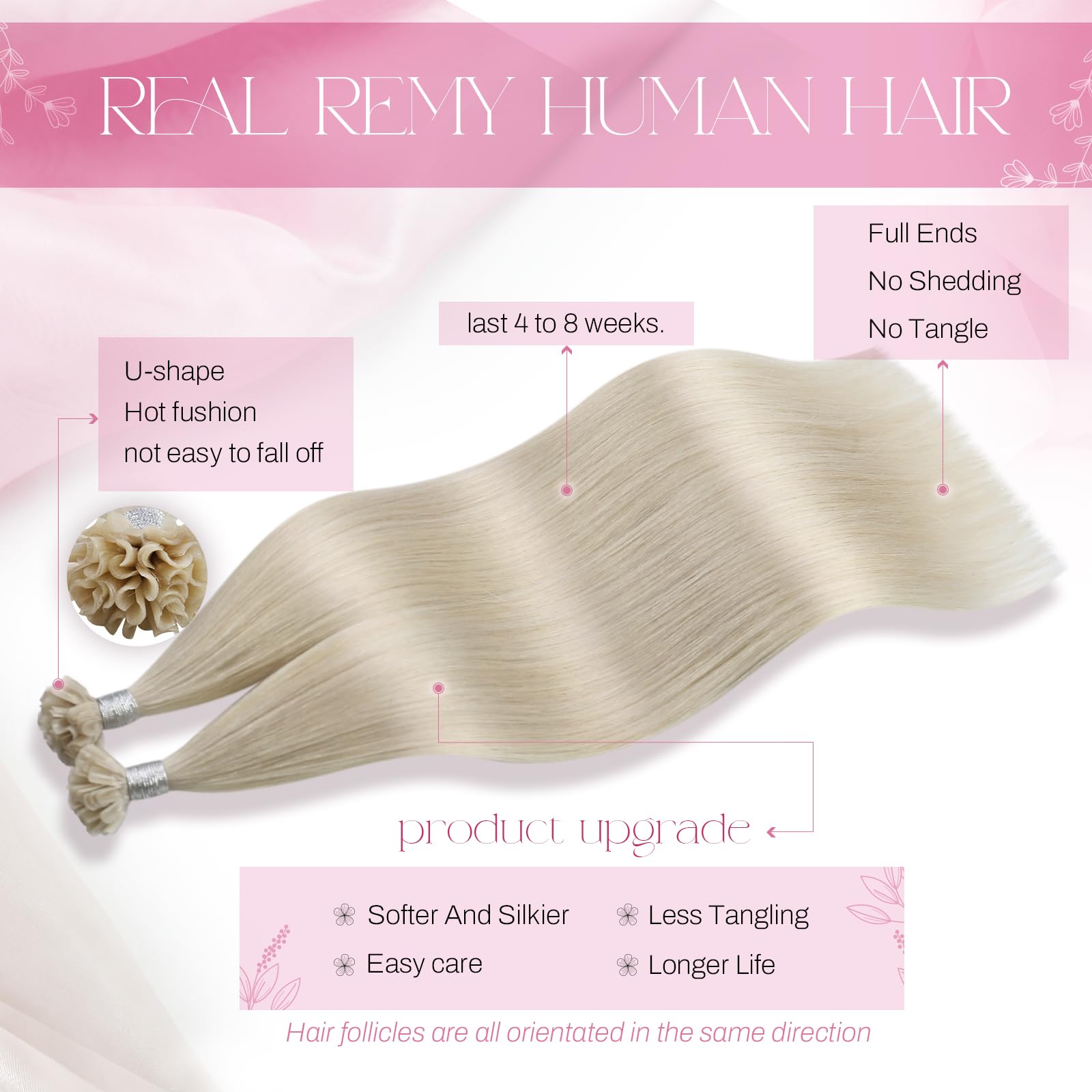 Moresoo Pre Bonded Hair Extensions White Blonde 18 Inch 1g/s 50G U Tip Hair Extensions Real Human Hair Hot Fusion Remy Hair Blonde #60A 50 Strands - Image 2