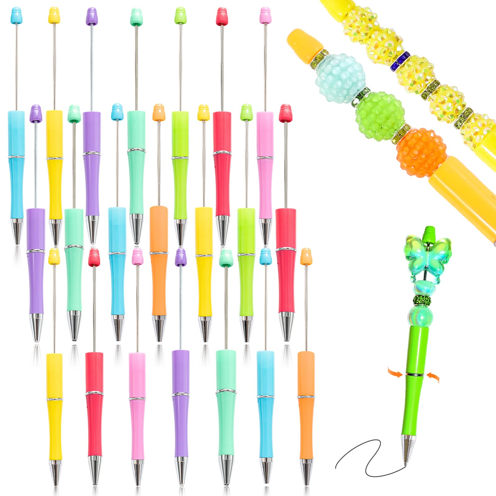 hesong 30 Pieces Beadable Pens - Beaded Pens Sweet Plastic Diy Black Ink Ballpoint Pens Bulk - Bead Pens Suitable For Teacher, Students, Office,