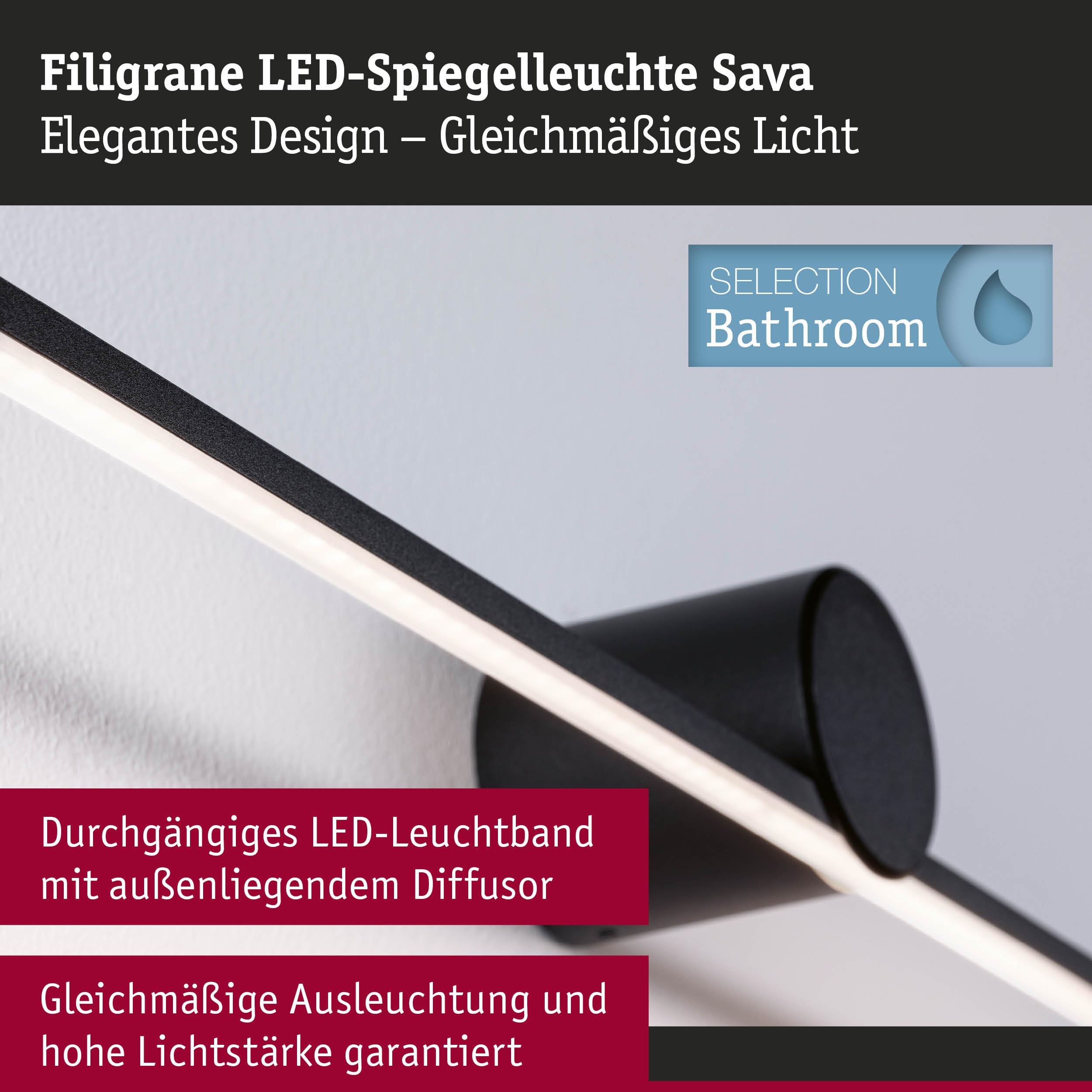 Paulmann 75413 LED Leuchtspiegel Sava IP44 3000K 850lm 230V 13,5W Schwarz matt