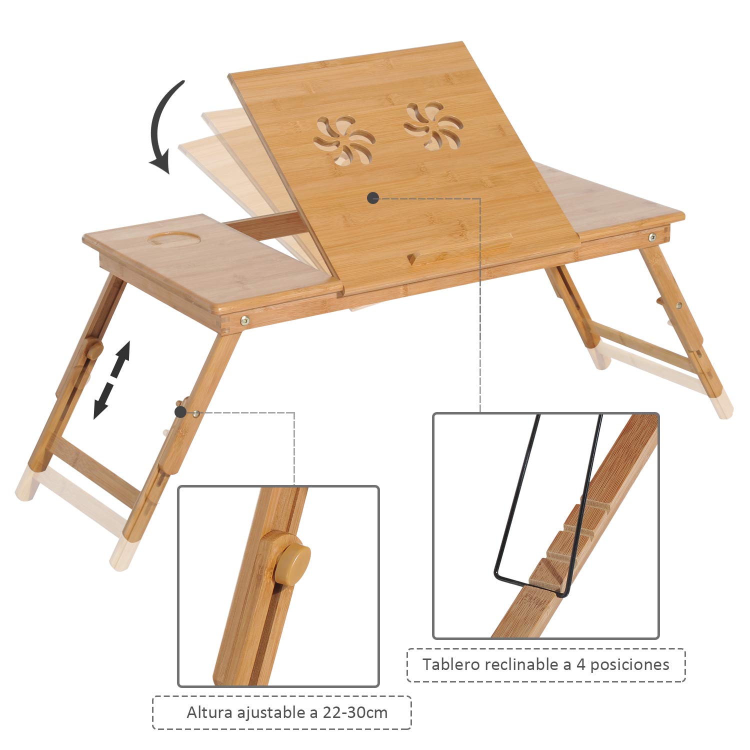 HOMCOM Mesa Plegable Bambú para Cama y Sofá Altura Ajustable 72x35x22-30cm | Bandeja de Cama Desayuno, Reclinable, Altura Ajustable, Soporte Escritorio de Regazo