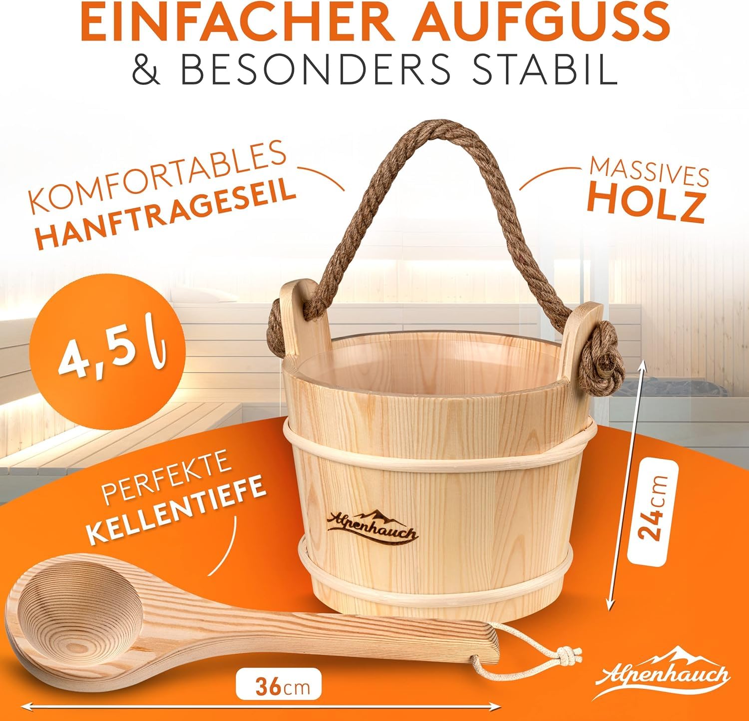 ALPENHAUCH Sauna Eimer mit Kelle 100% Naturholz - Saunakübel mit Sanduhr & Thermometer - Sauna Zubehör Aufgusseimer Set