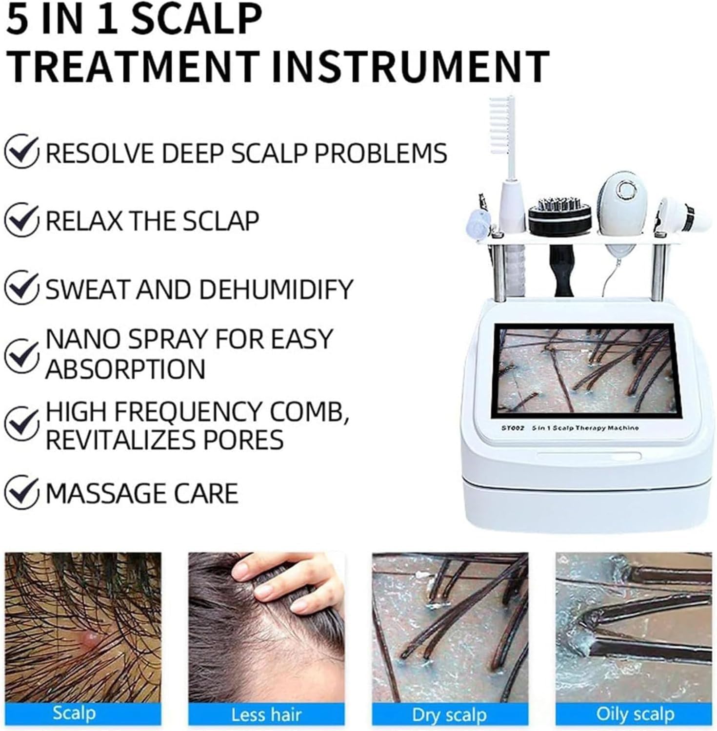 Analizzatore di capelli for diagnosi della pelle, apparecchiatura for massaggio del cuoio capelluto 5 in 1, scanner portatile for il rilevamento del cuoio capelluto, for perdita di capelli/umidità