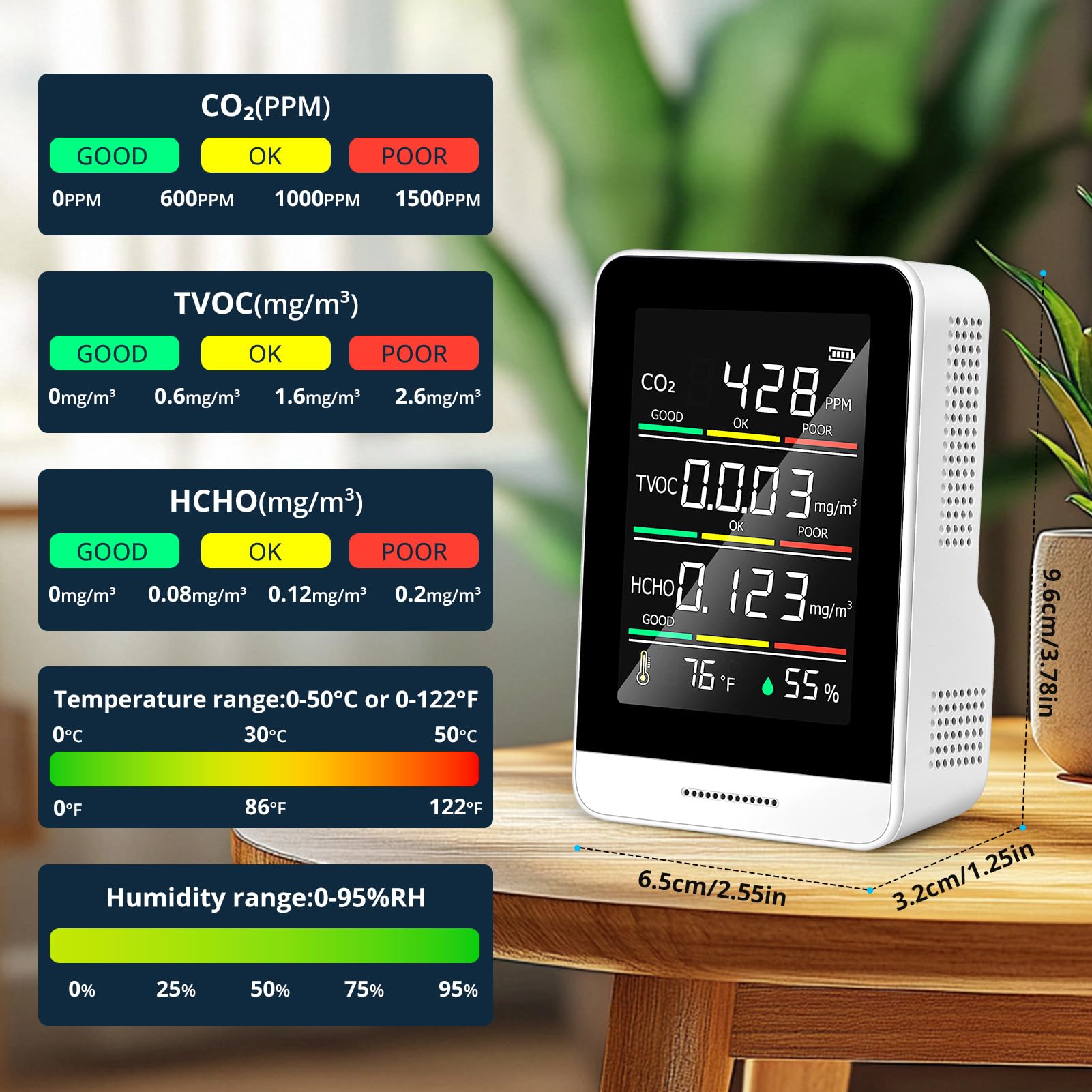 5-in-1 Luftqualitätsmonitor für den Innenbereich -Luftverschmutzungsmonitor mit CO2, HCHO, TVOC, Temperatur und Luftfeuchtigkeit, Echtzeit-Datenaufzeichnung,Kompakt Tragbar