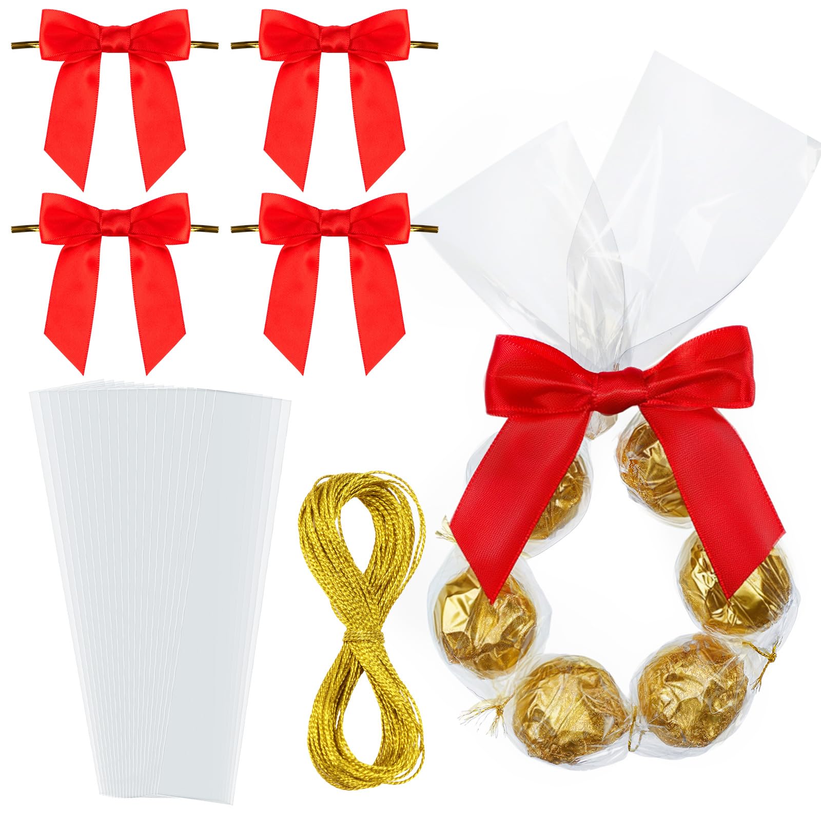 Yexiya 50 Sets Valentines Wreath Candy Bags with Ribbon Bow Twist Ties and Long Clear Treat Bags for Party Favor Easter Wedding DIY Candy Wrapping