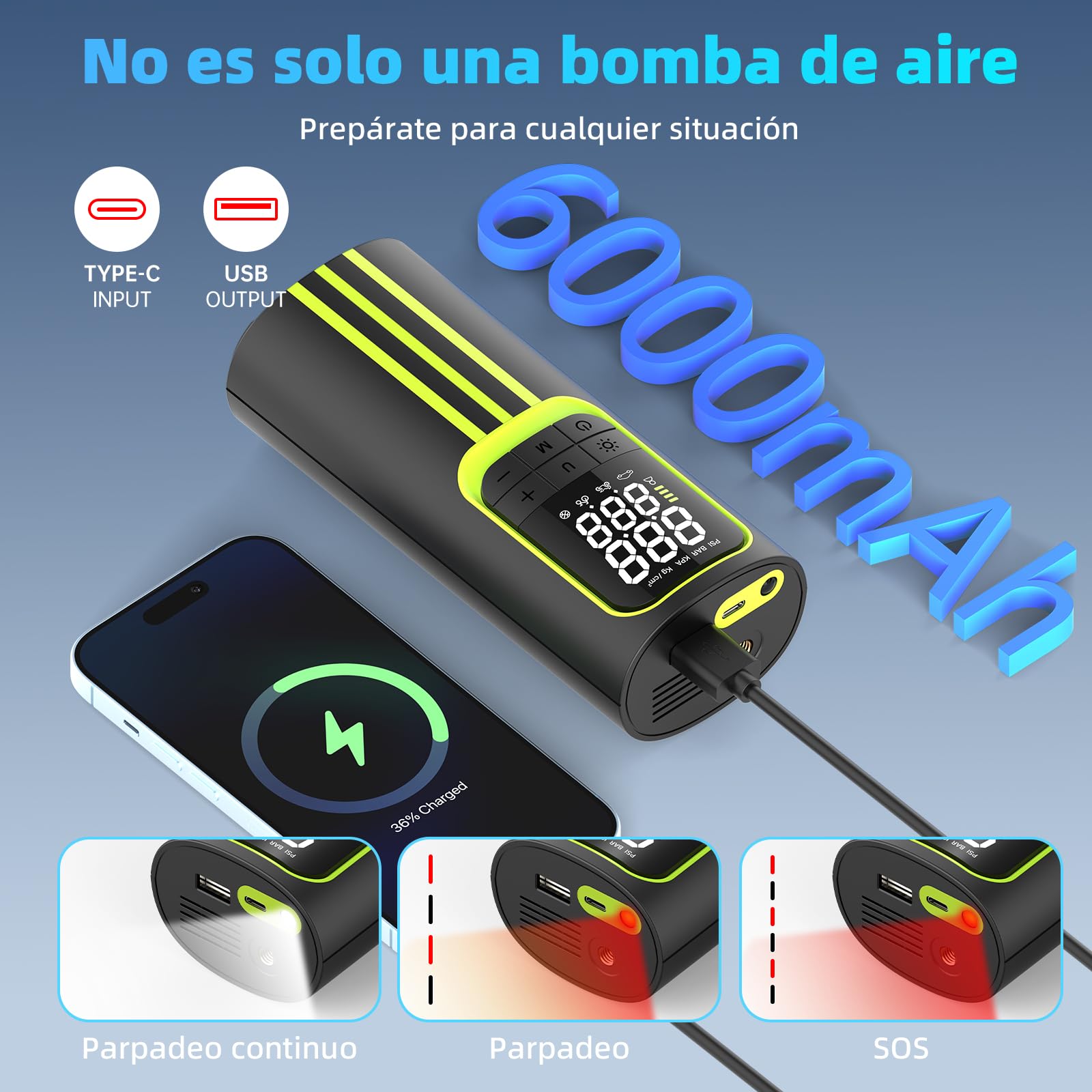 Compresor Aire Portatil, Inflador Ruedas Coche 150 PSI Inalámbrico, Batería Recargable con Pantalla Digital y Luz LED, Modos Automáticos de Inflado, para Coche, Moto, Bicicleta y Pelotas,Negro y verde
