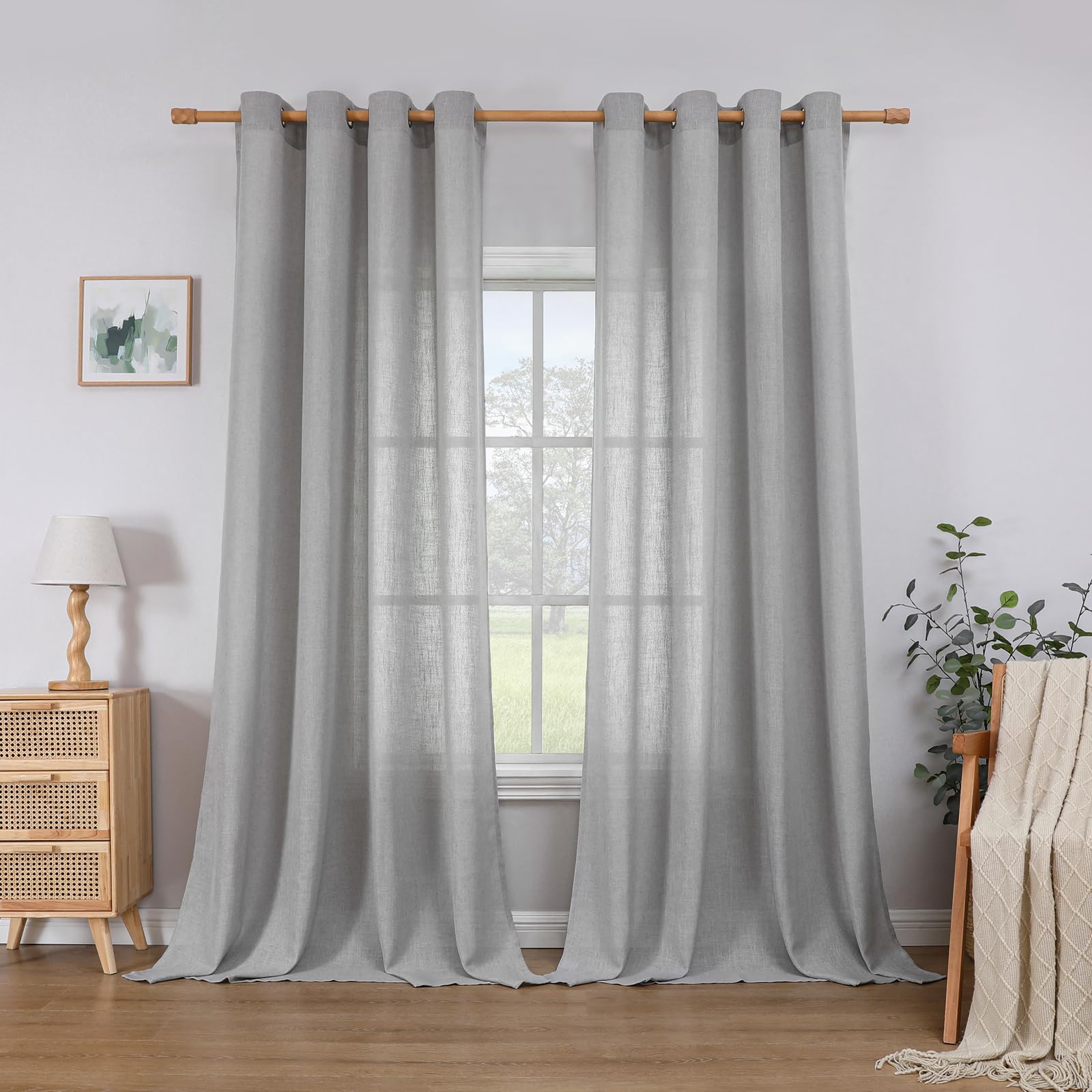 Cucraf Light Grey Linen Curtains Eyelet Sheer Net Voile 2 Panels 55" Width X 84" Drop