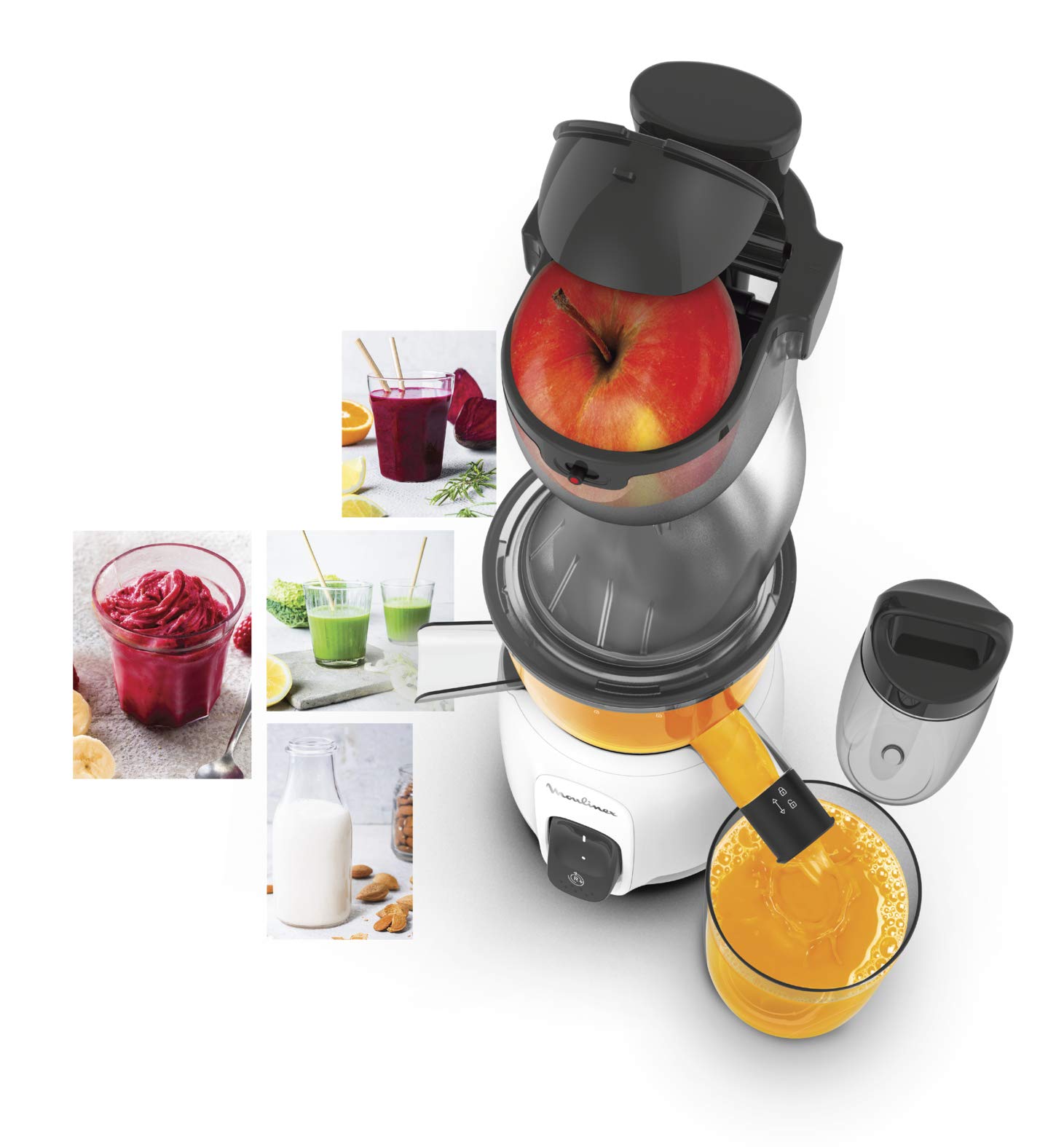 MOULINEX Ultra Juice Entsafter für Kaltsaft 2 Filter Trinkflasche 600 ml extra breit 85 mm Automatisches Programm Easy Clean Entsafter für ganze Früchte und Gemüse, leise, 200 W, ZU600110