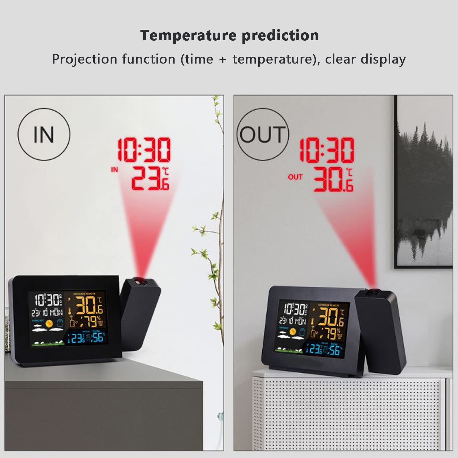 Cryfokt Digitales Hygrometer, Wecker, Projektion, Innen- und Außenthermometer für Zuhause, Büro, 1 Empfänger aus Kunststoff