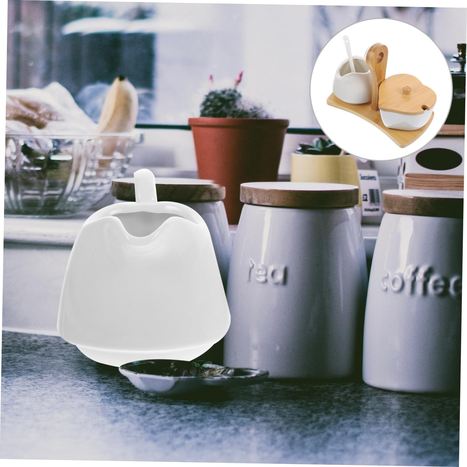 Mipcase Juego de Azucarero y Jarra de Crema con Mango de Bambú de Cerámica y Cuchara de Color Claro Set Diseño Simple y Funcional para Uso en Hogar y Hotel