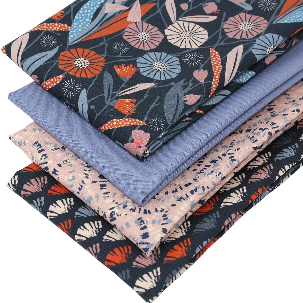 4 Fat Quarters Bundle - 'Evening Bloom' Floral & Geometric Fabrics in Shades of Blue & Terracotta. Ideal for Quilting, Patchwork & Crafting. 100% Cotton (Free Patchwork Pattern by Overdale Fabrics)