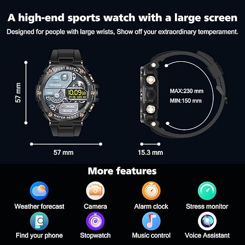 Miniatura 7 de Reloj inteligente militar para hombre con llamada Bluetooth, pantalla HD redonda de 1.5 pulgadas, batería de 15 días, múltiples modos deportivos,