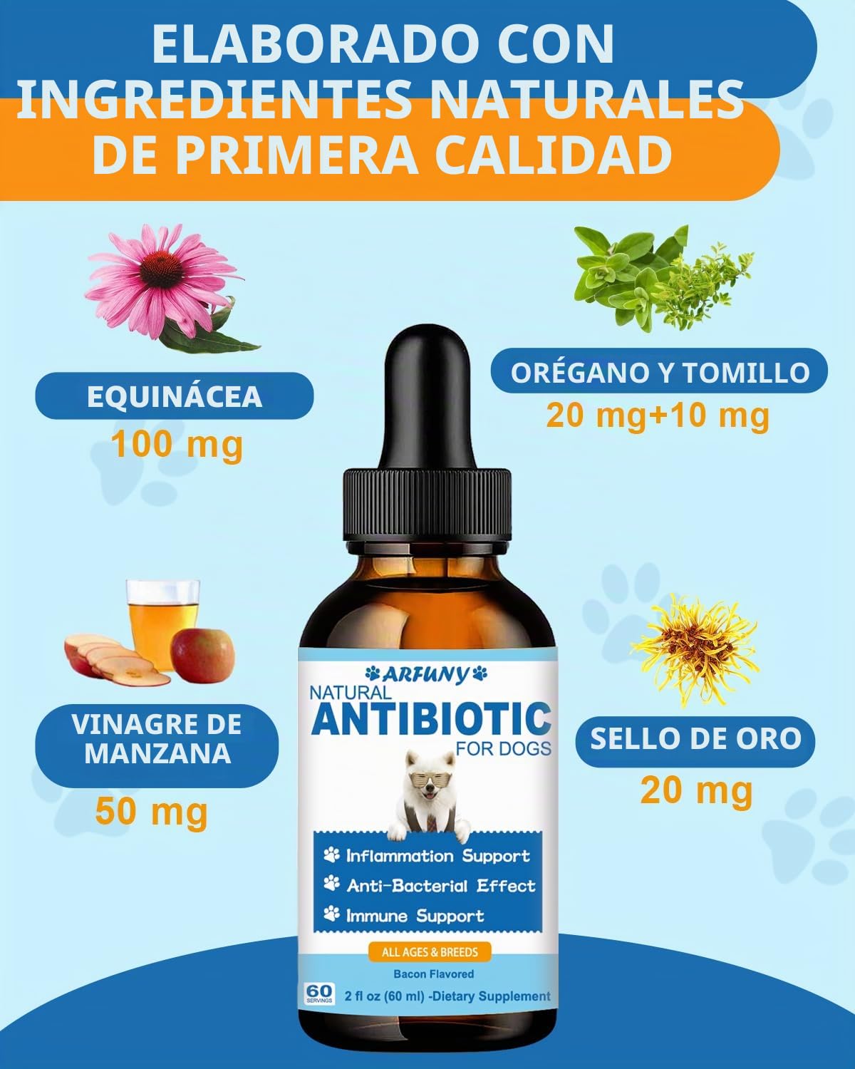 Antibióticos naturales para perros - 60ML gotas para la tos para perros - Alivio de picazón en la piel - Alivio de alergias - Fortalecimiento del sistema inmunológico - Con ingredientes