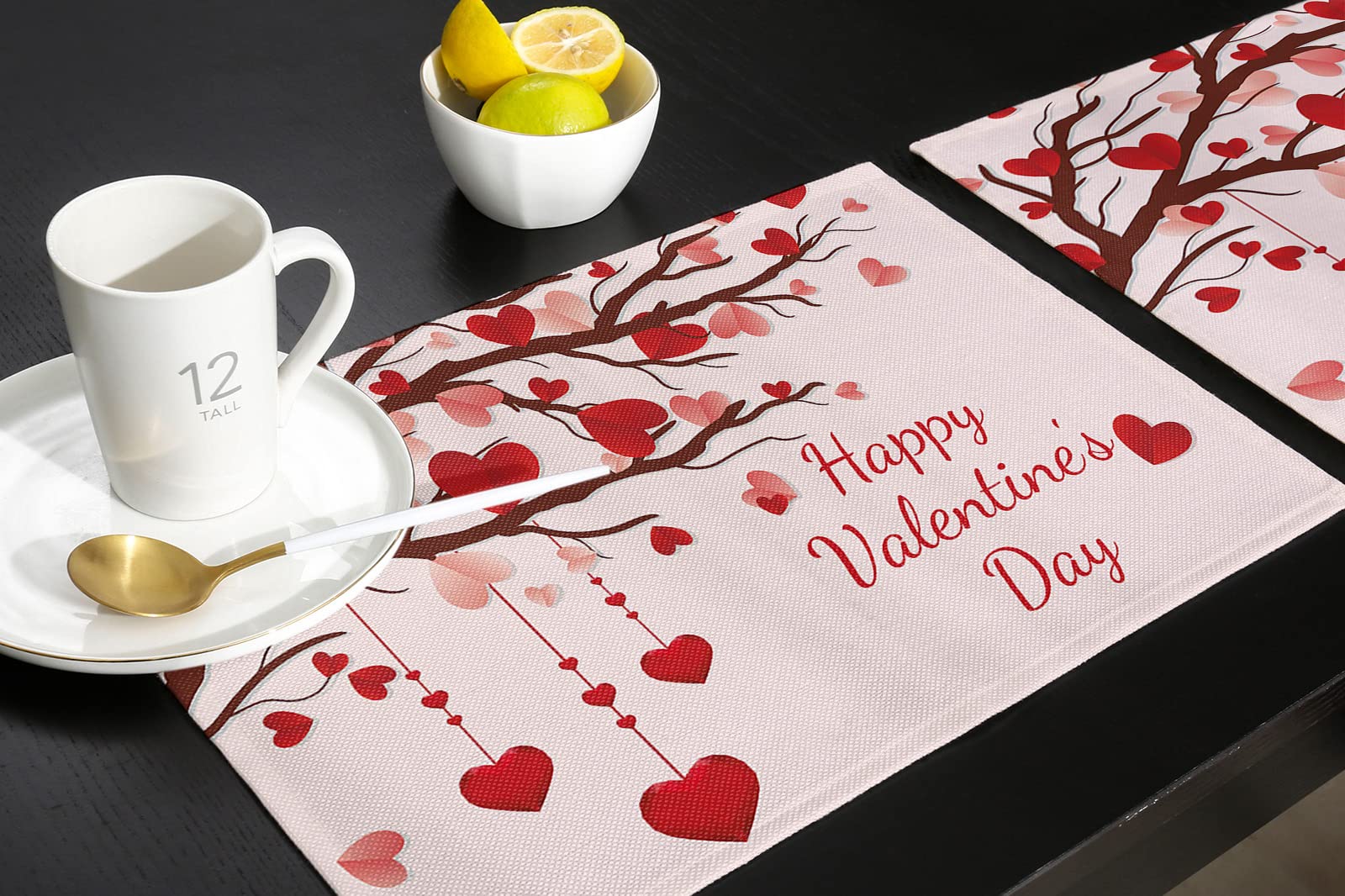 Manteles individuales para el día de San Valentín, manteles individuales para mesa de cena, diseño de corazón, ramas de árbol de San Valentín, antideslizante, lavable, resistente al calor, juego de 6