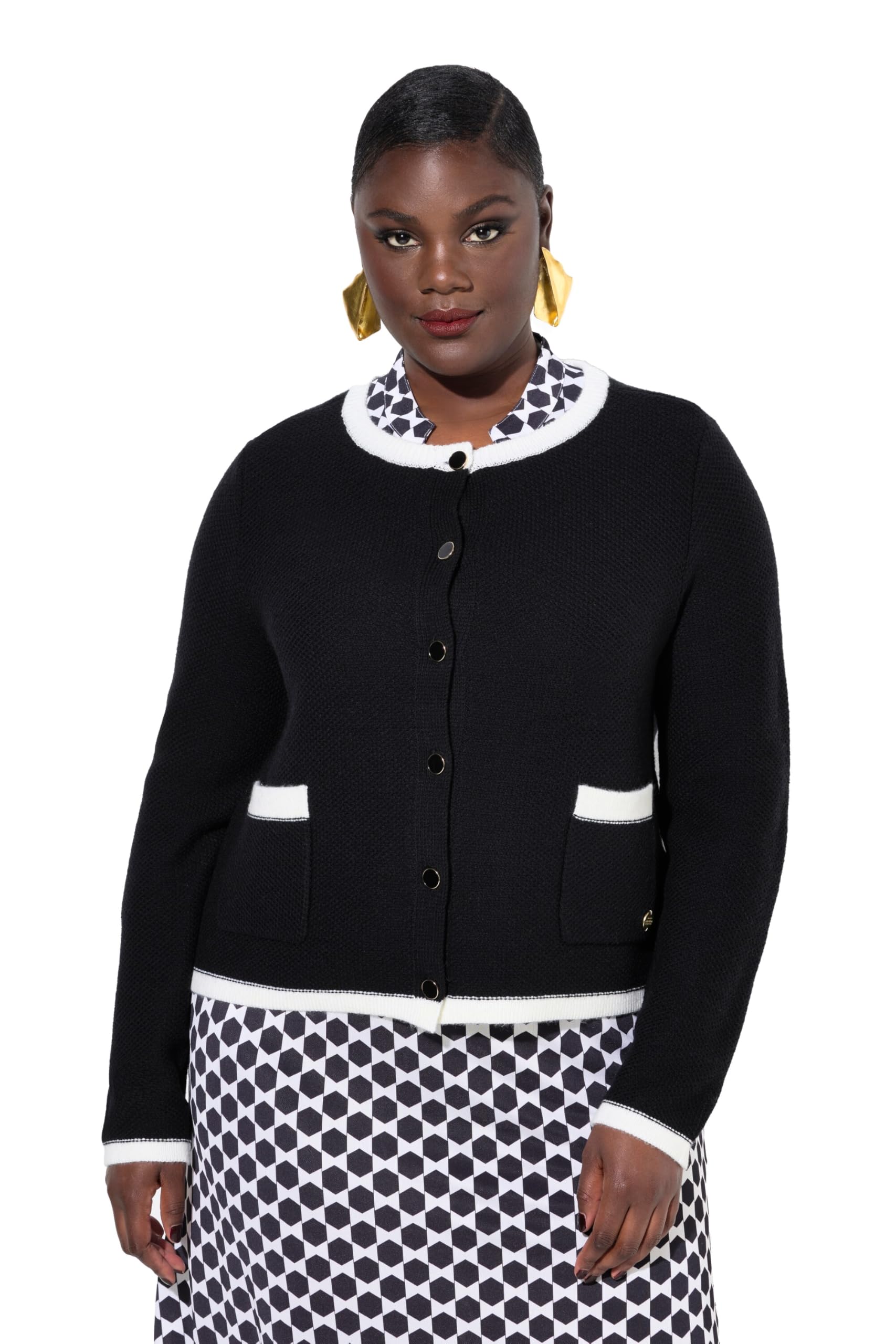 Ulla Popken Damen große Größen Übergrößen Plus Size Strickjacke, Schmuckbündchen, Rundhals, Taschen, Langarm 835196