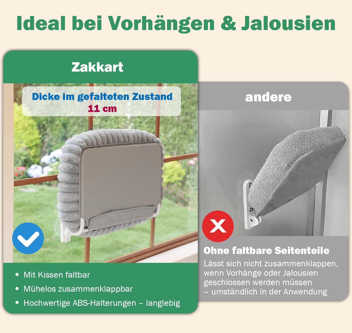Zakkart SnugCloud Klappbarer Katzen-Fensterplatz – Kabellos, kuschelweiches, waschbares Bett mit 4-Seiten-Polster & Metallrahmen als Fenster-Hängematte für große Katzen & Kätzchen (Weiß, Größe M)