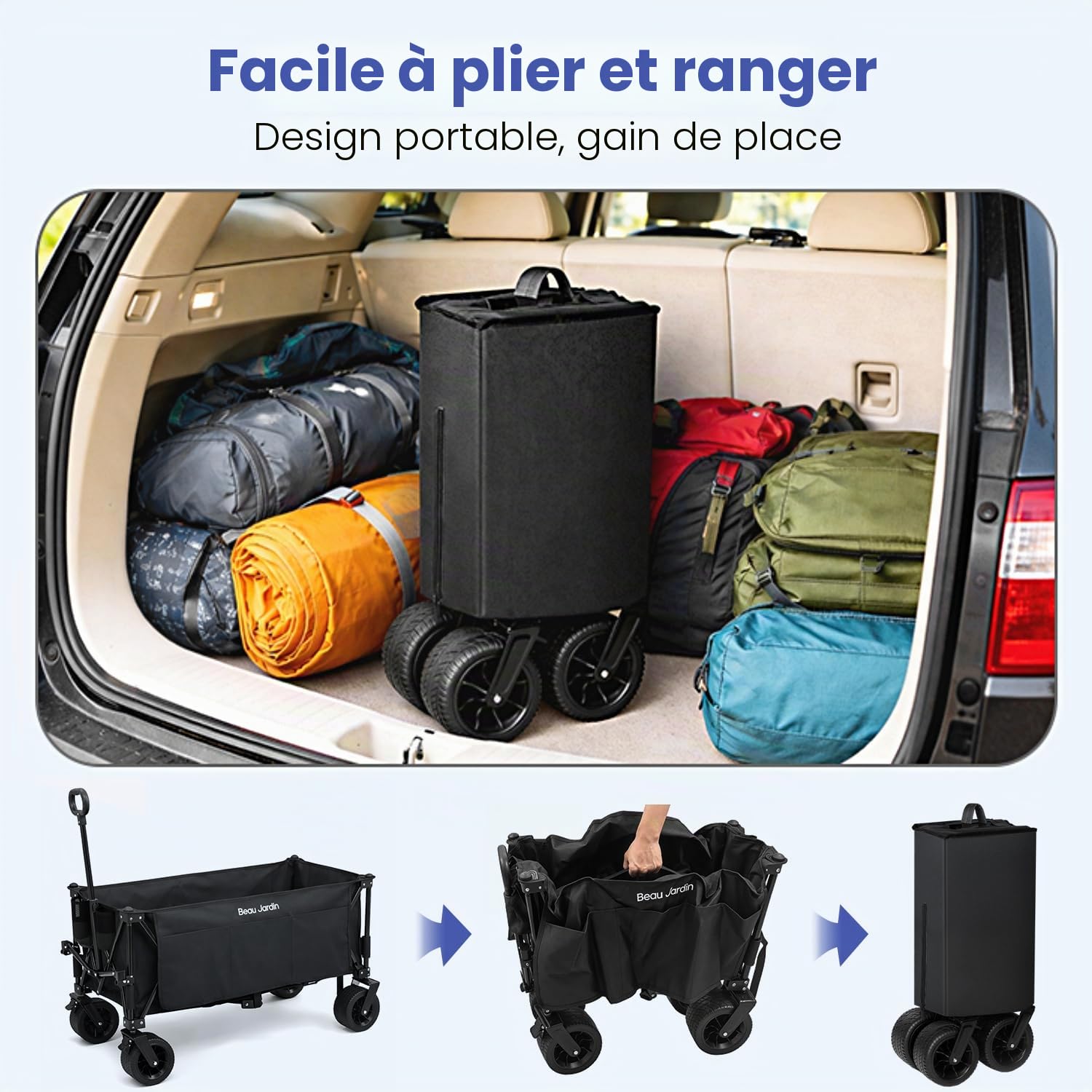 BEAU JARDIN Chariot Tout Terrain Pliable 250 kg 300 L – Roues XXL 18×10 cm avec Frein, Poche Latérale, Toile 600D Imperméable, Structure Renforcée – pour Plage Camping Pêche Jardin Transport